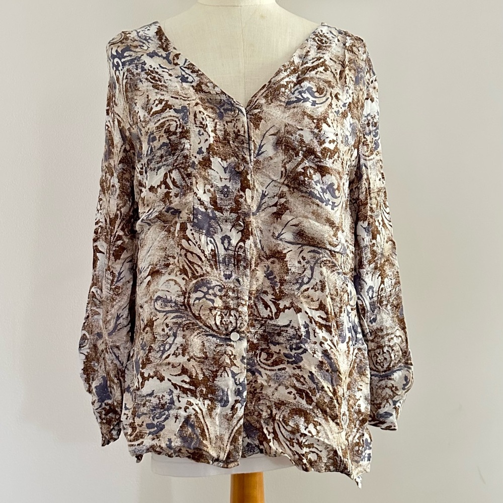 BKE Women's Blouse in Brown Blue and Cream Sz L
